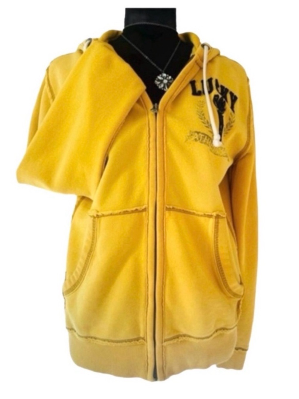 #36 LUCKY BRAND ~ Unisex Mustard Yellow Distressed Zip Hoodie w/LB Logo Pockets